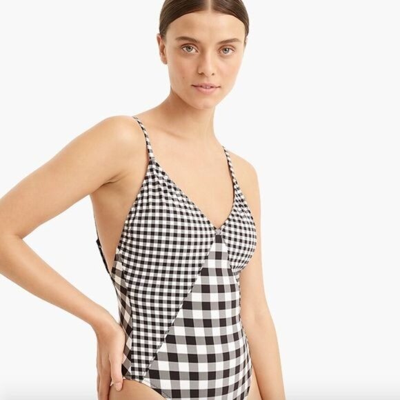 J Crew Deep V neck One piece Swimsuit Black and Ivory Gingham Size 8 and 10 NWT - Picture 4 of 7